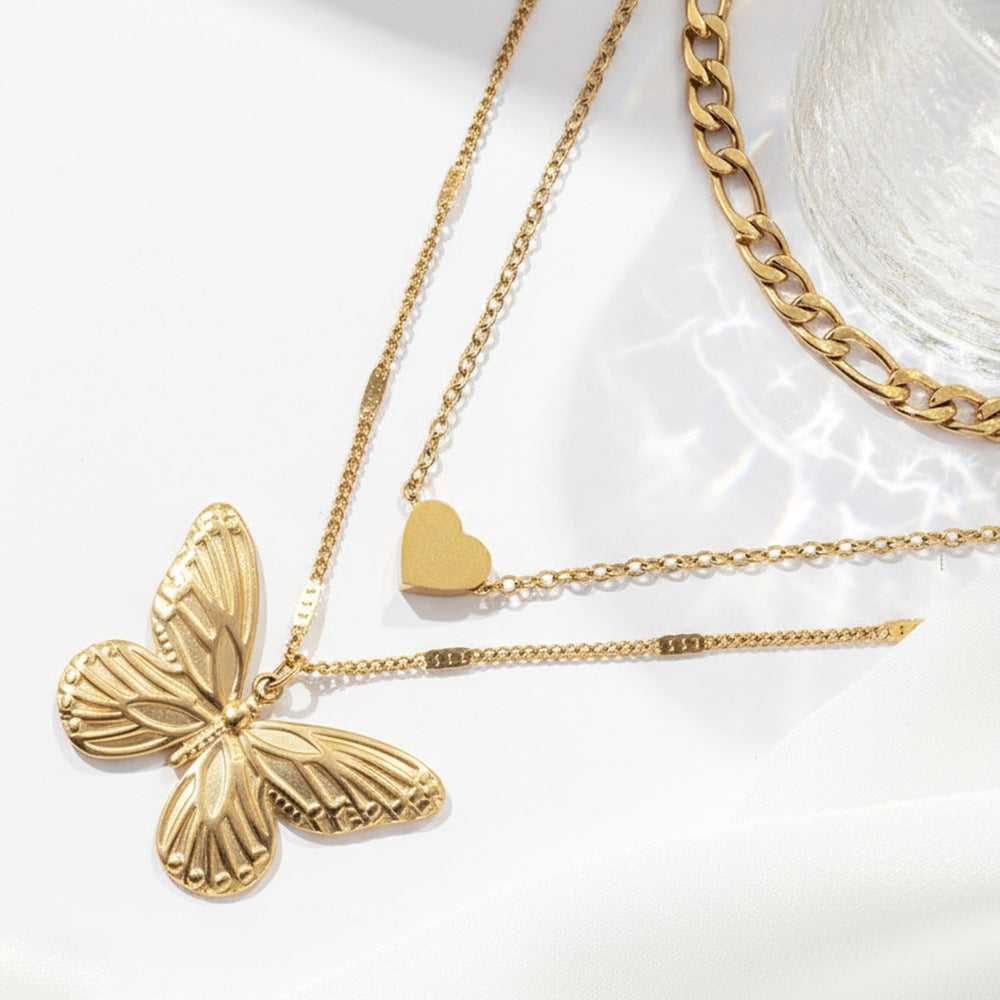 Layered Butterfly & Heart Necklace