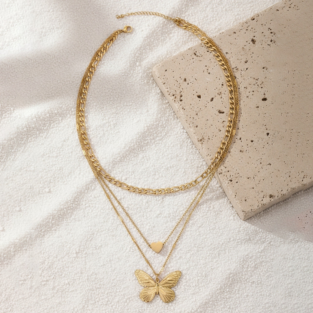 Layered Butterfly & Heart Necklace