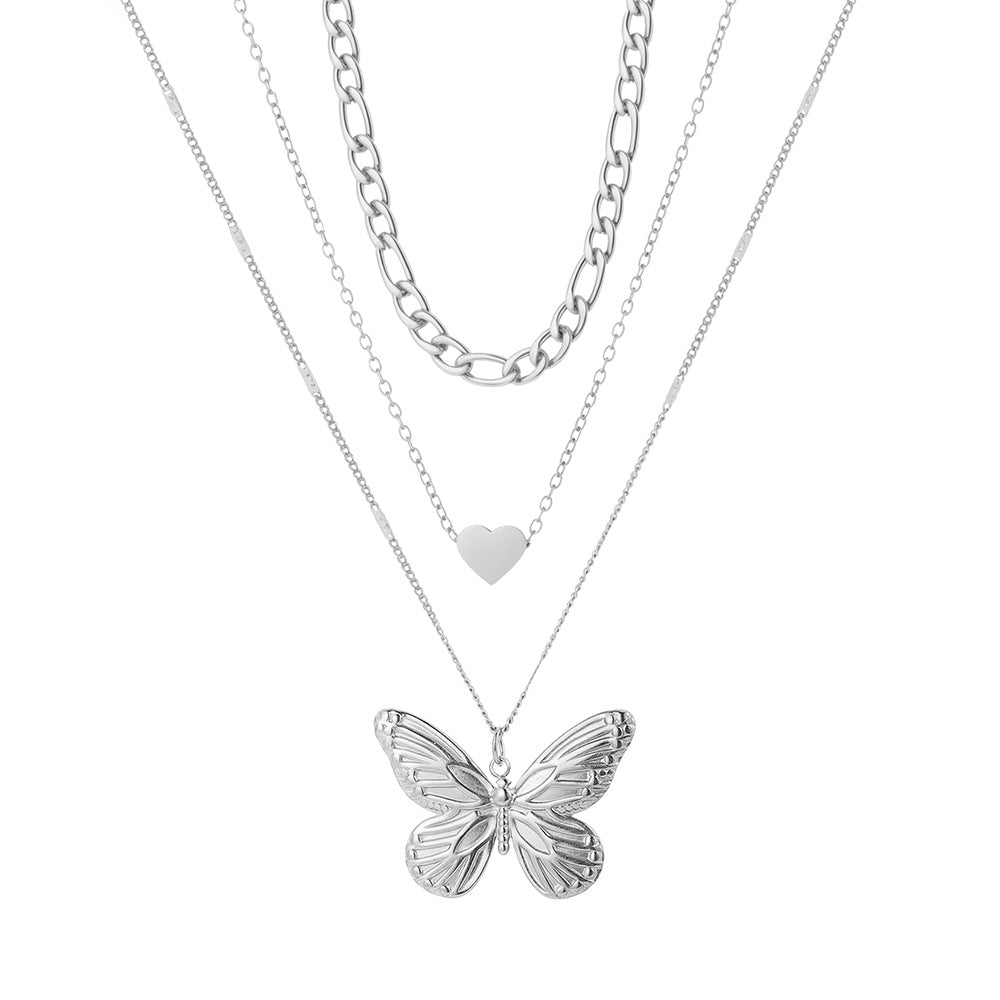 Layered Butterfly & Heart Necklace