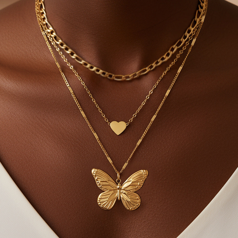 Layered Butterfly & Heart Necklace