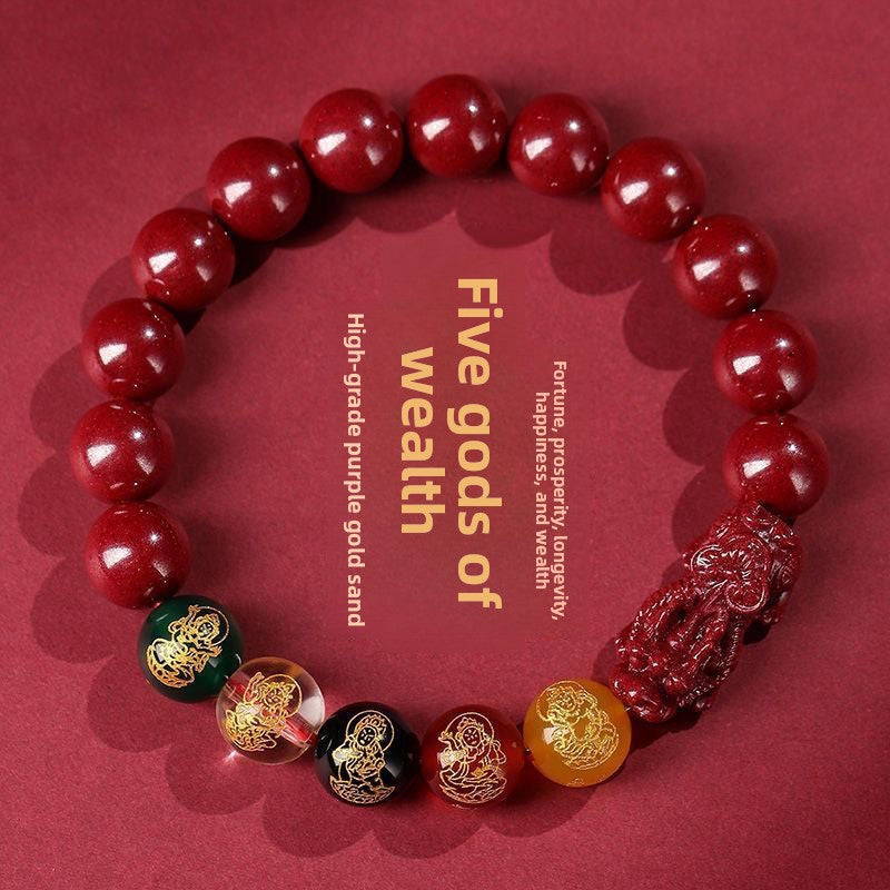 Five-Way Fortune God Cinnabar Bracelet with Beads